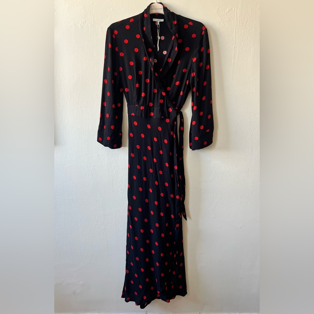 Ganni Black and Red Cowl Neck Wrap Dress - Picture 2 of 8